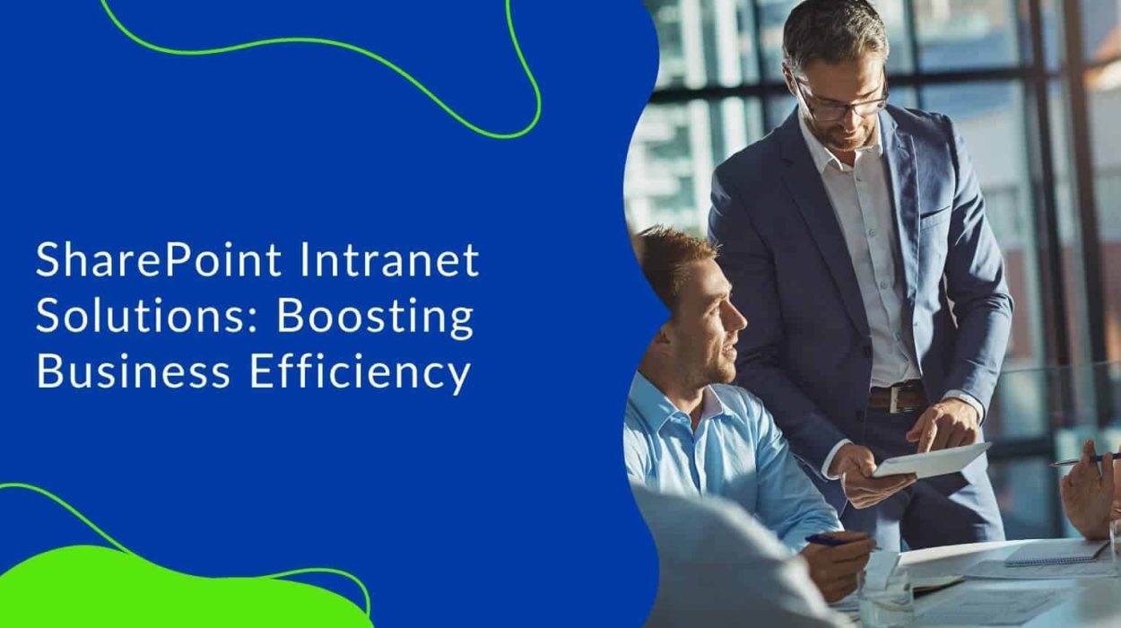 BIZ-LYNX Technology - Business professionals in a meeting discuss SharePoint Development, with a slide displaying, "SharePoint Intranet Solutions: Boosting Business Efficiency" in the background.