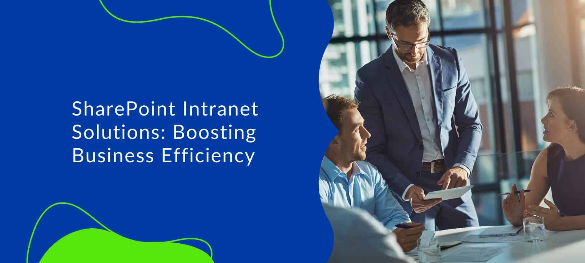 BIZ-LYNX Technology - Business professionals in a meeting discuss SharePoint Development, with a slide displaying, "SharePoint Intranet Solutions: Boosting Business Efficiency" in the background.