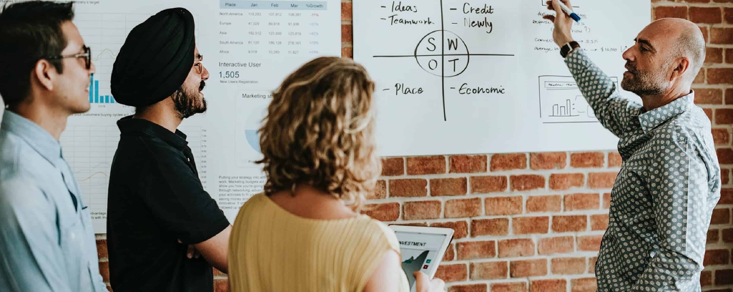 BIZ-LYNX Technology - A group of four people, experienced in NGOs and charities, stands in front of a brick wall and a SWOT analysis chart discussing strategies. One person points at the chart while others listen attentively. Their proven track record ensures the discussion is both insightful and effective.