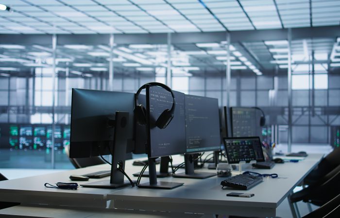 Workstations with multiple monitors, headsets, and technical equipment inside a modern data centre or IT operations room