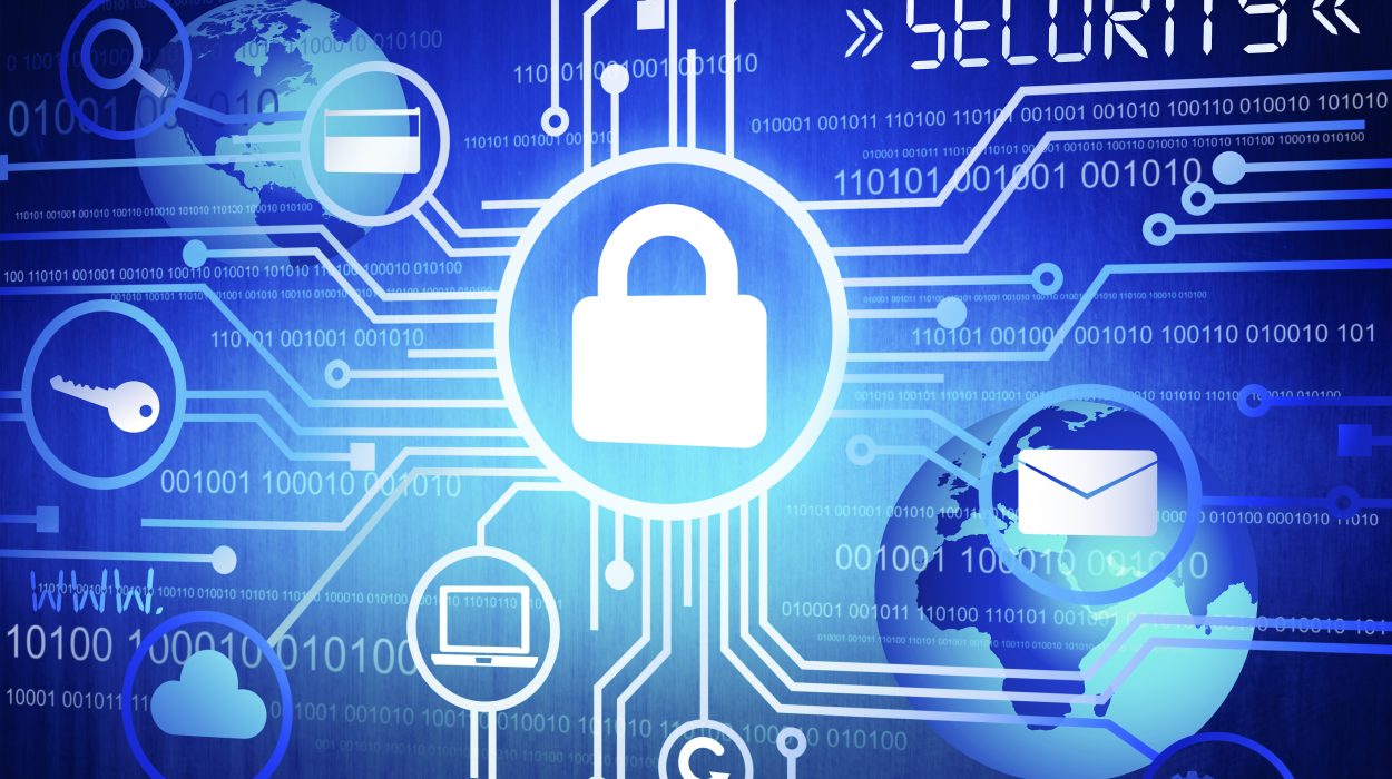 Cybersecurity concept image showing a central padlock protecting digital assets like email and cloud data. The word SECURITY is highlighted on a blue tech-themed background