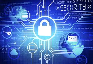 Cybersecurity concept image showing a central padlock protecting digital assets like email and cloud data. The word SECURITY is highlighted on a blue tech-themed background