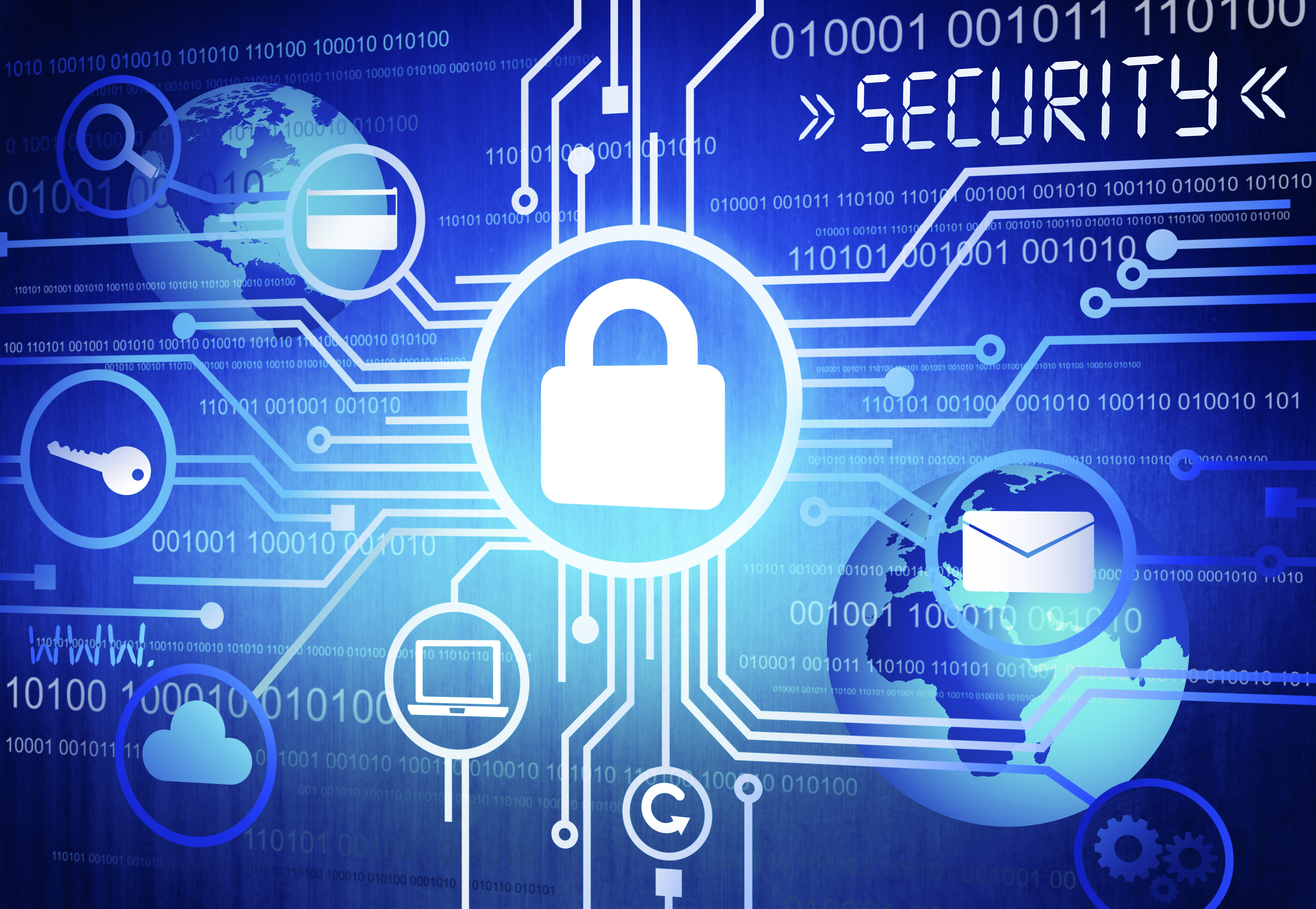 Cybersecurity concept image showing a central padlock protecting digital assets like email and cloud data. The word SECURITY is highlighted on a blue tech-themed background