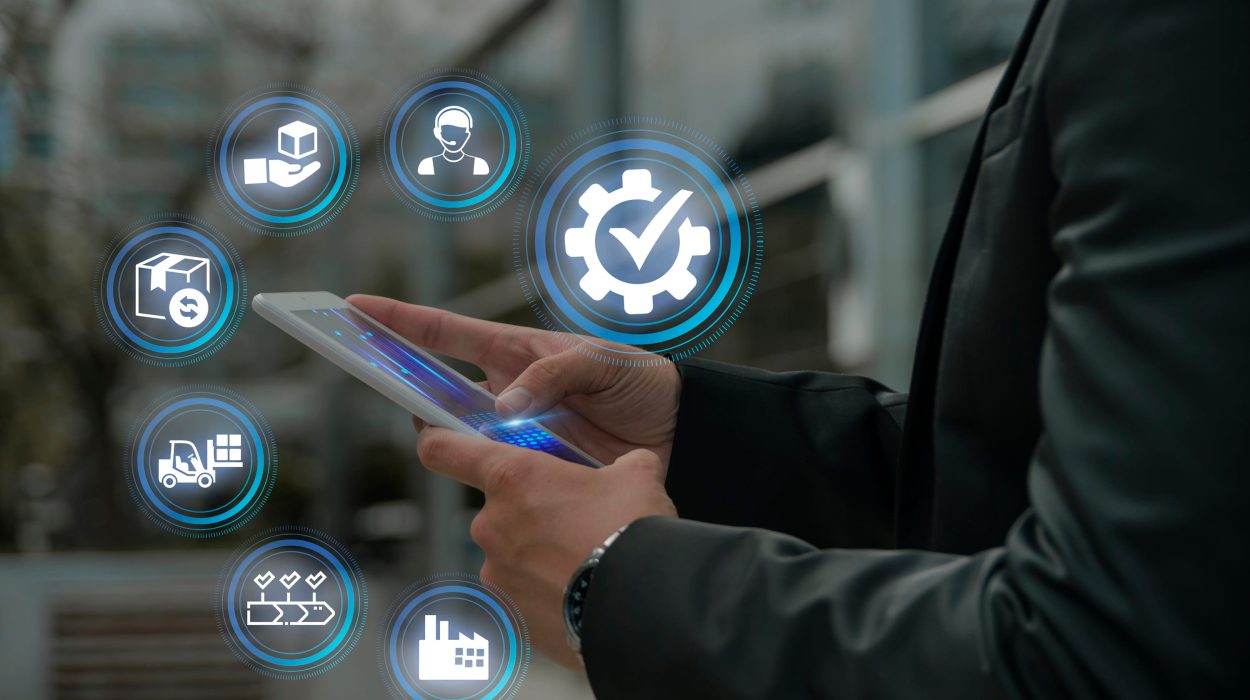 Business professional using a mobile device with digital icons representing managed IT services and business technology.