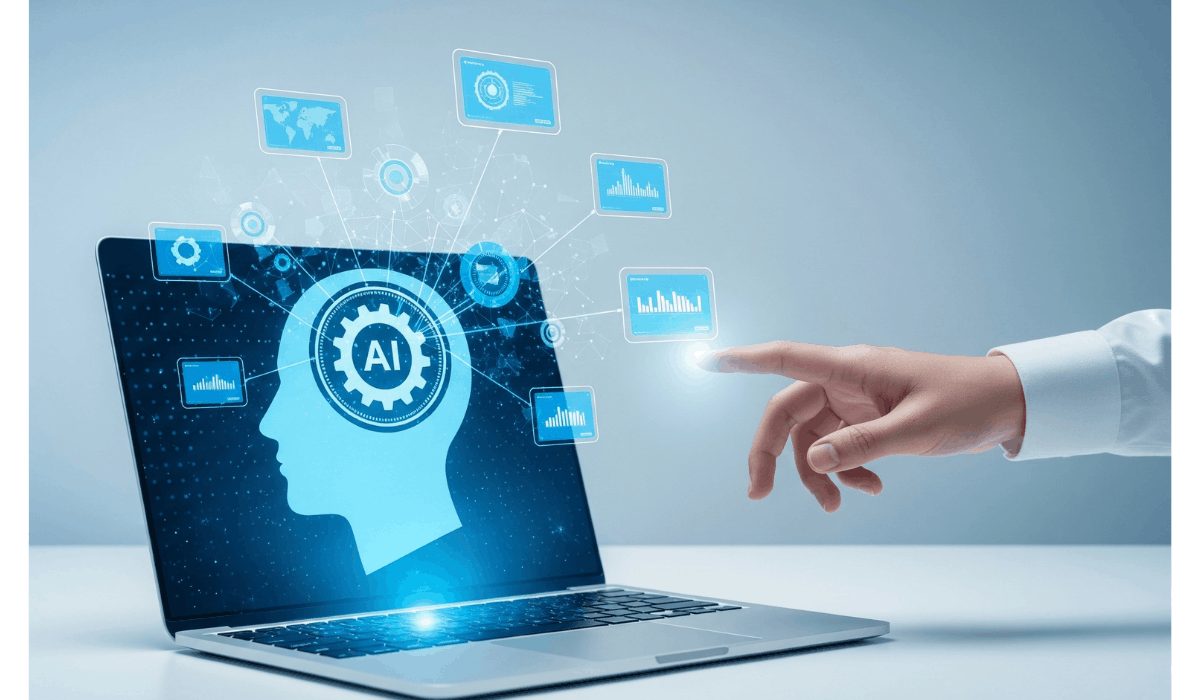 Laptop displaying an artificial intelligence interface with data panels and analytics icons