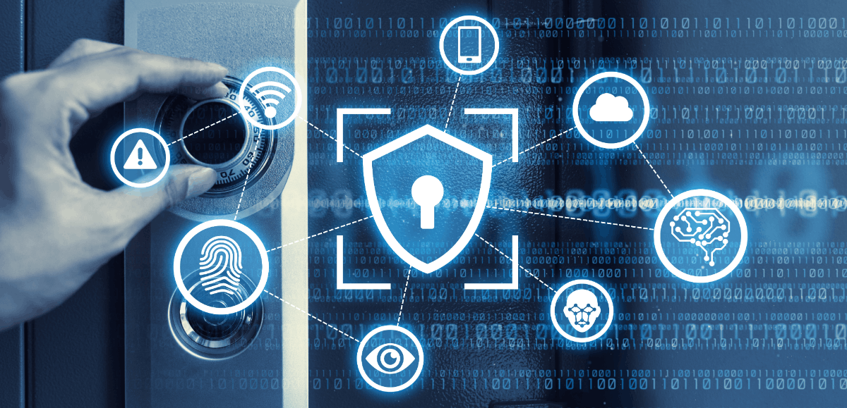 Hand opening a combination safe with digital security icons, including a shield, fingerprint, cloud and device symbols