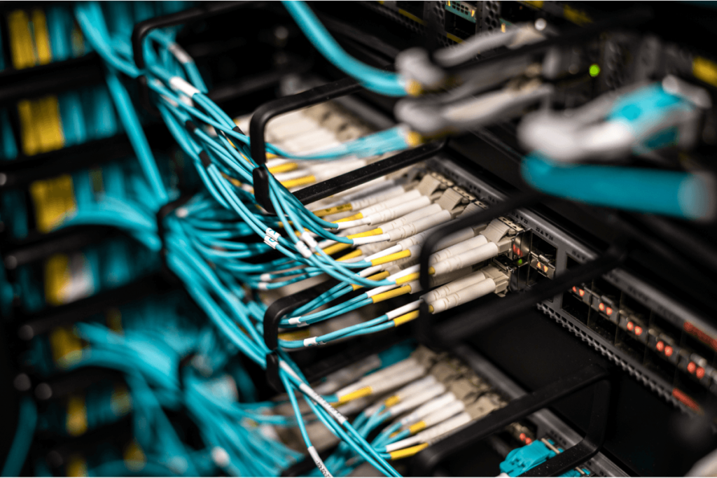 Network cables connected to server rack showing business IT infrastructure and connectivity