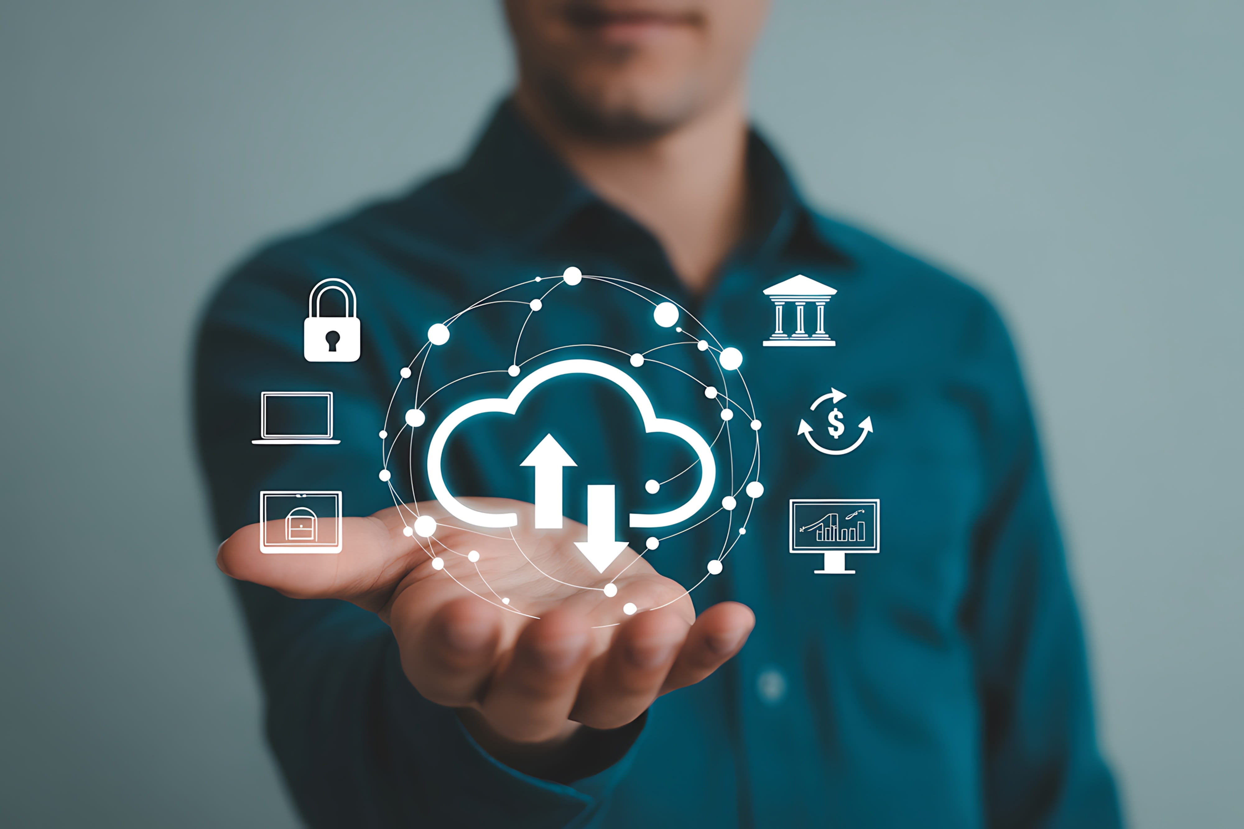 Business professional presenting secure cloud computing and digital data transfer technology.