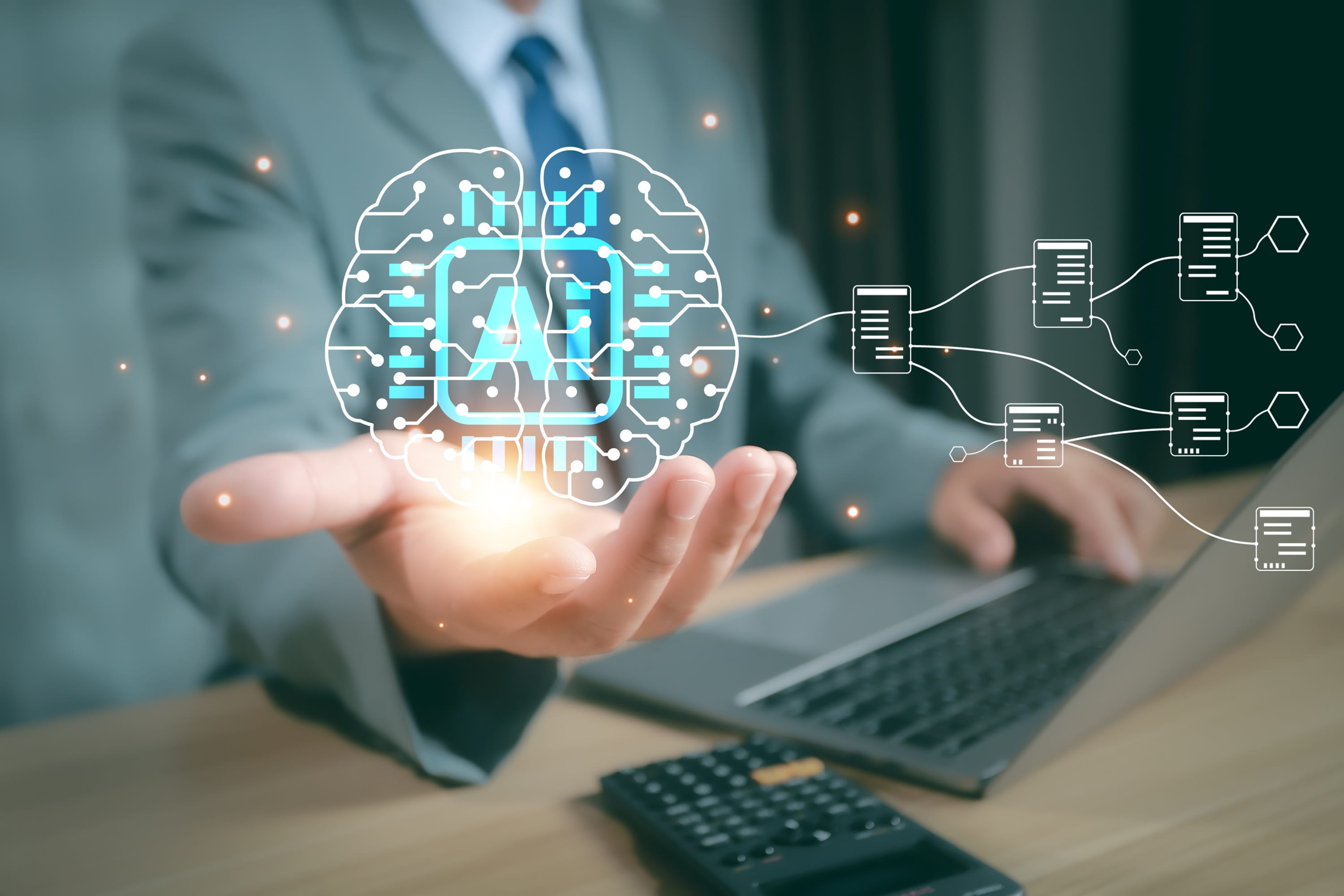 A businessman holds out his hand beneath a glowing AI brain and chip icon, connected to a network of document icons.
