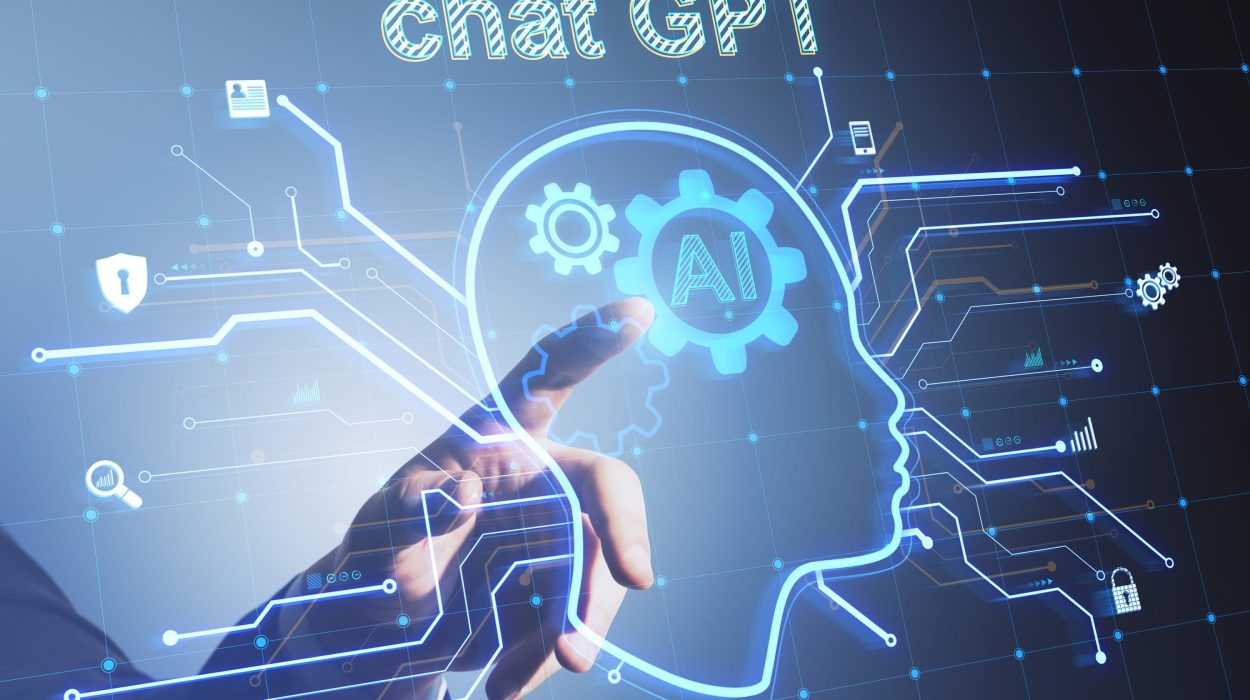 A hand points to a glowing head outline with an AI gear icon labelled ‘Chat GPT,’ surrounded by security and data icons.
