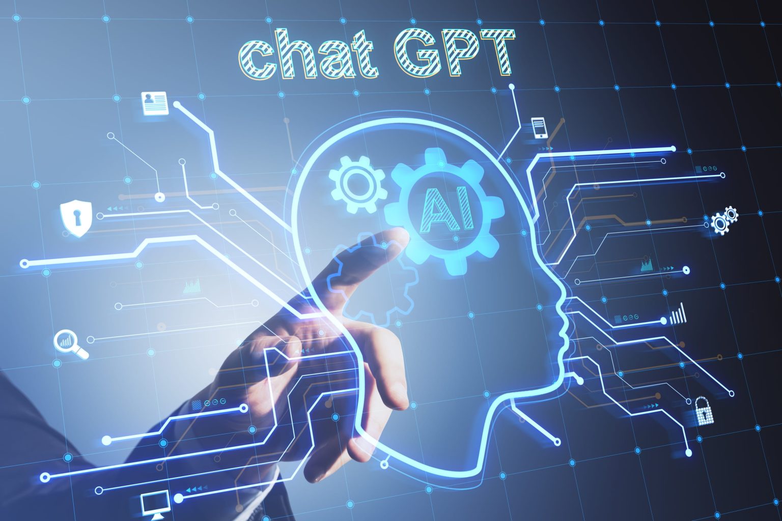 A hand points to a glowing head outline with an AI gear icon labelled ‘Chat GPT,’ surrounded by security and data icons.