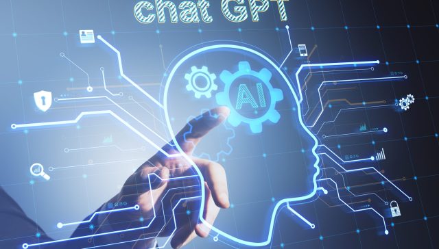 A hand points to a glowing head outline with an AI gear icon labelled ‘Chat GPT,’ surrounded by security and data icons.