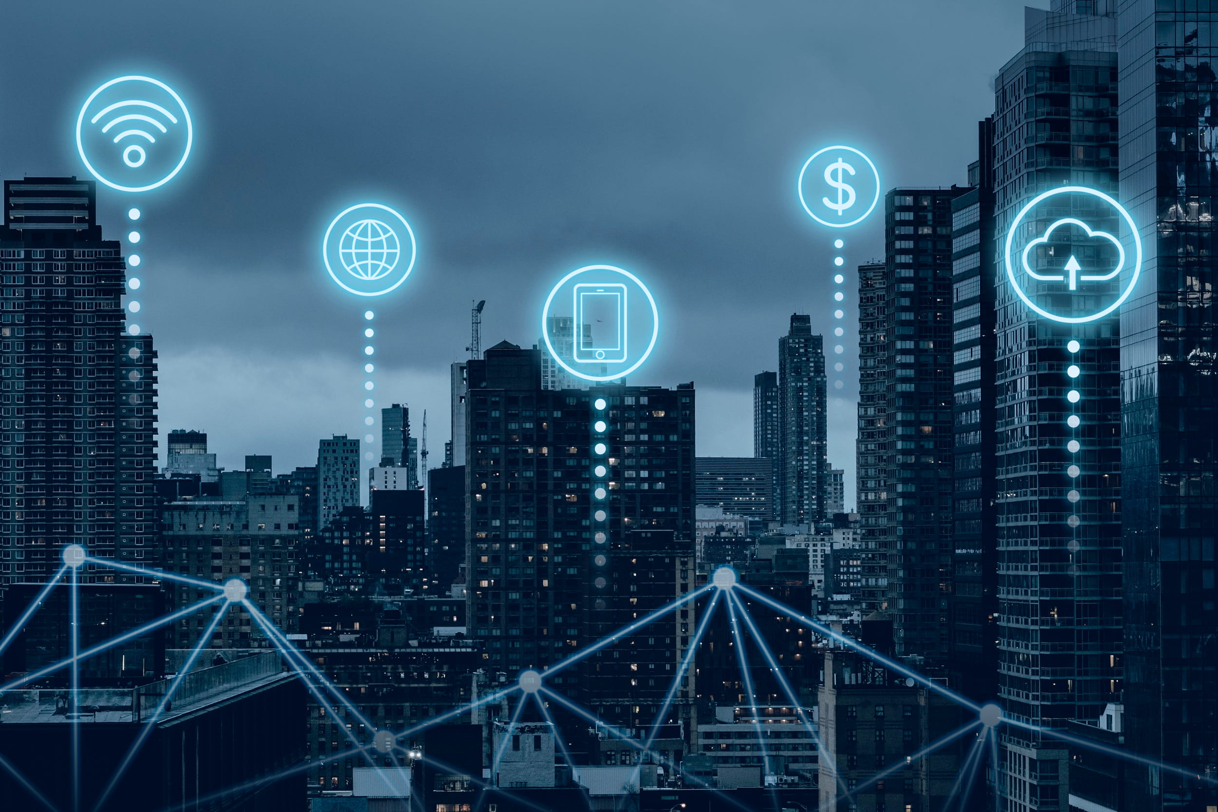 City skyline with digital icons representing business internet, cloud services and network connectivity.