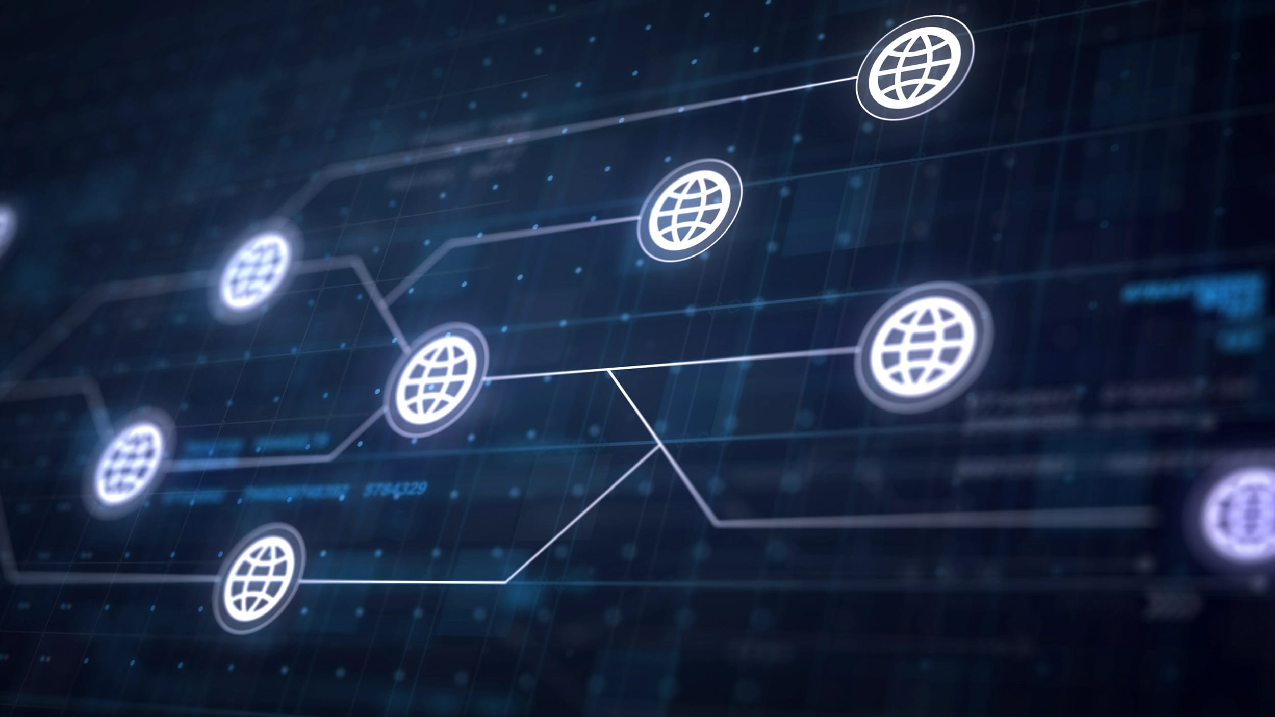  Illustration of a connected business internet network with linked global connectivity icons.