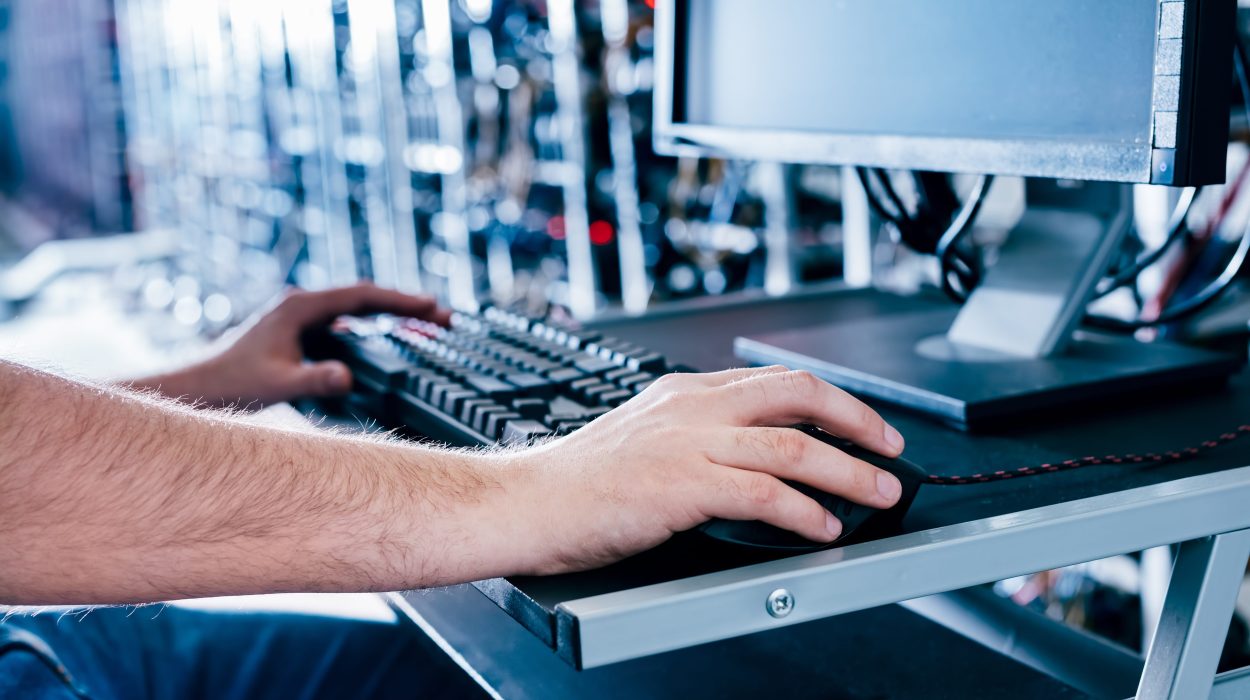 Technician using a computer to monitor servers in a data centre.