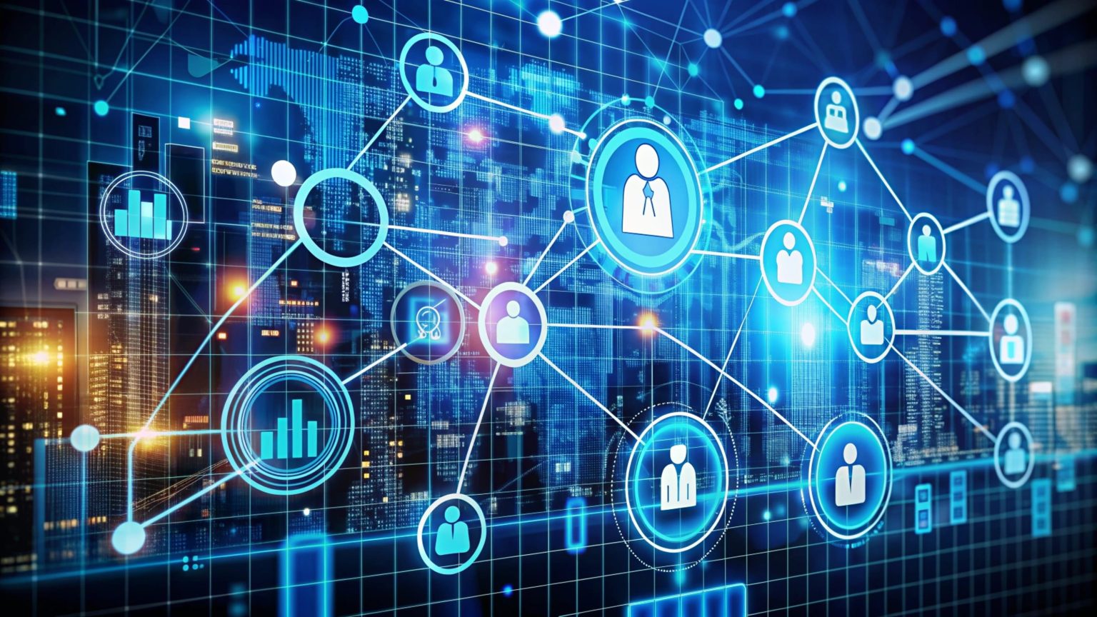 Illustration of a connected business network showing people linked through digital technology.