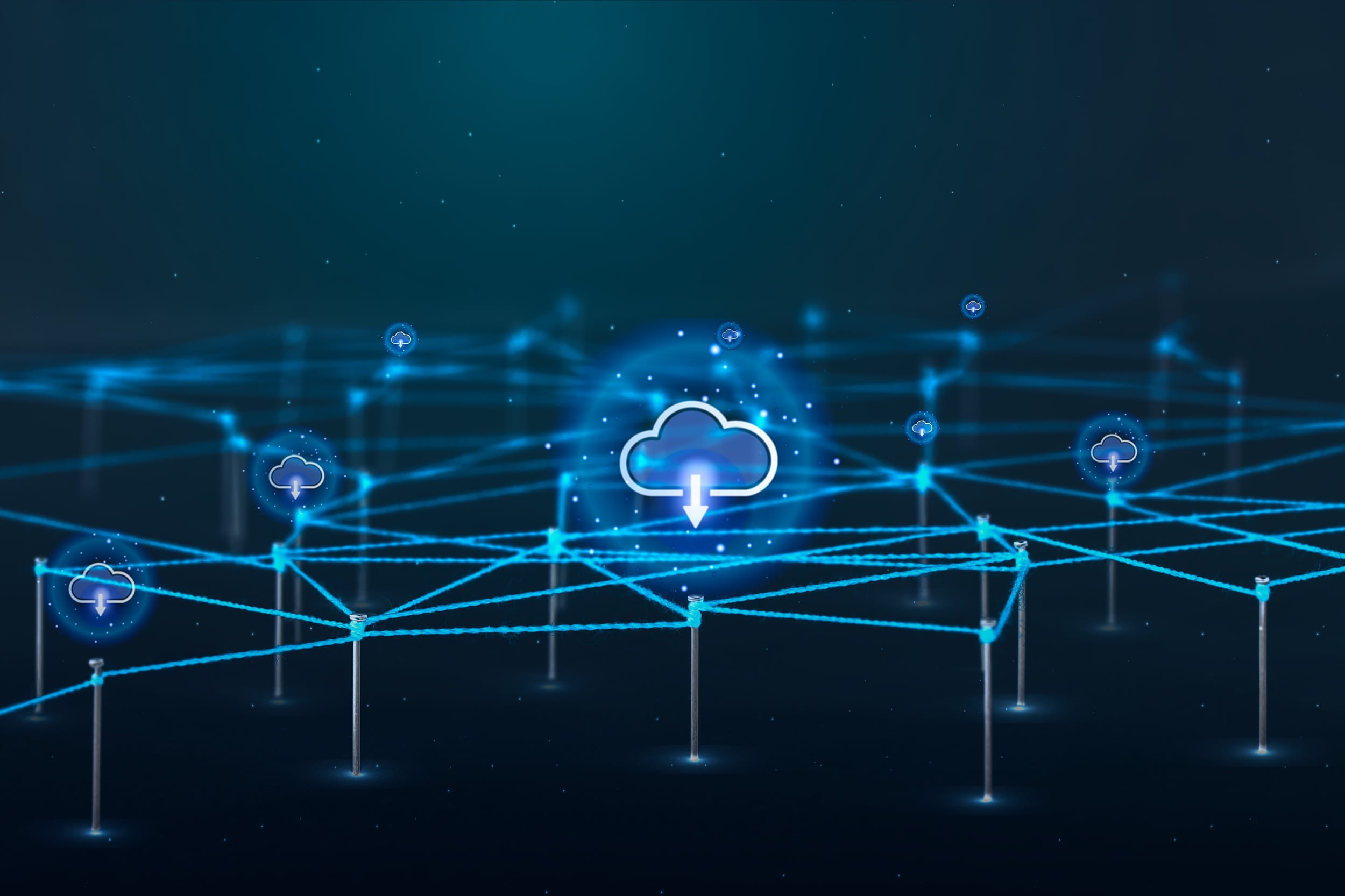 Cloud storage icons connected across a digital business network